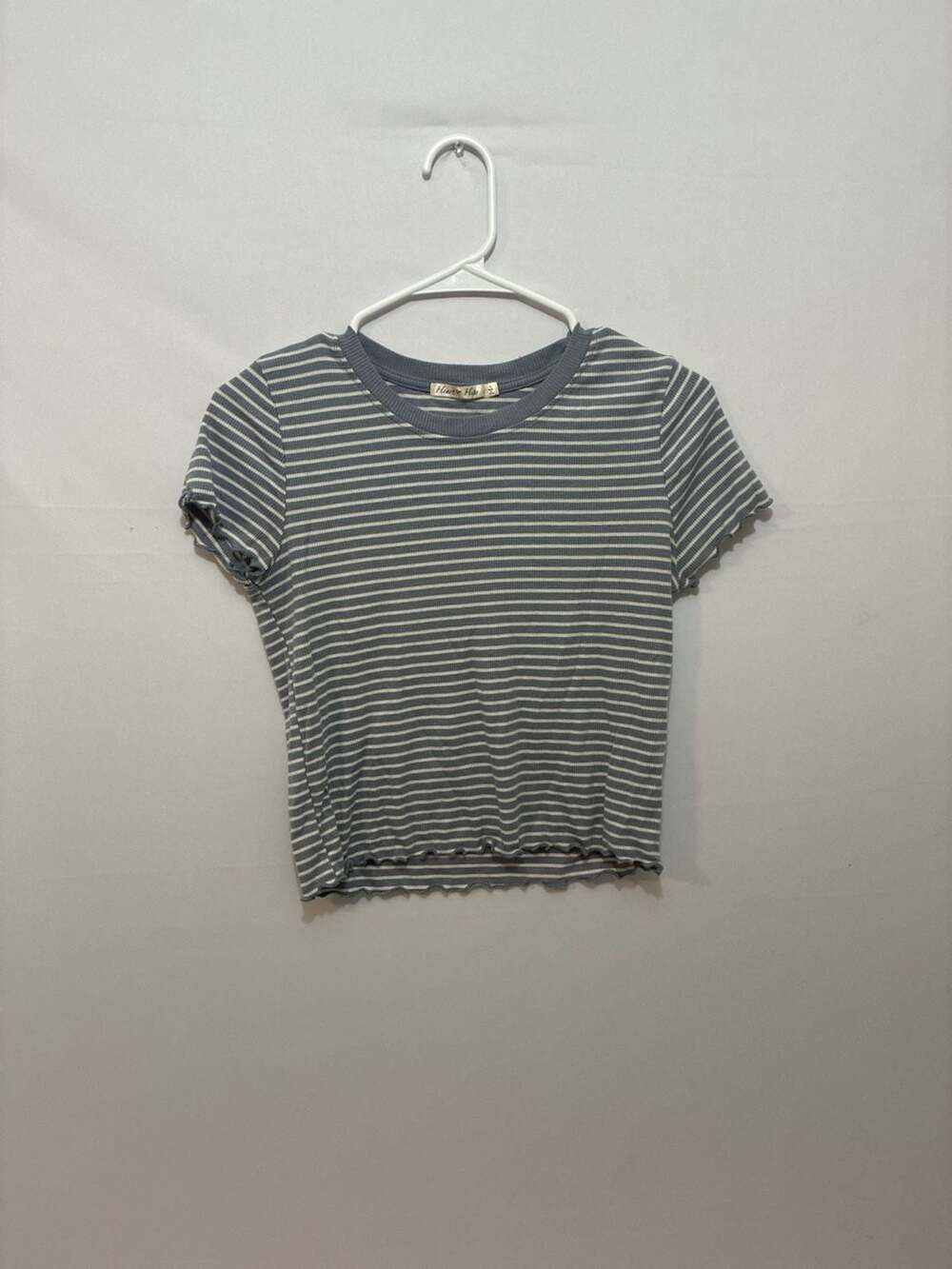 Heart & Hips Blue and White Striped Lettuce Trim Crop Top Shirt Size L